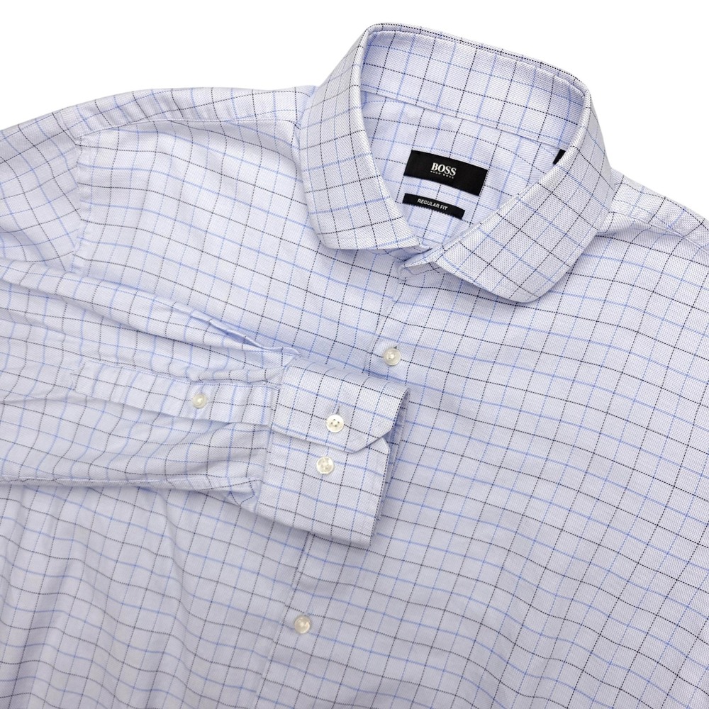 BOSS Hugo Boss Dress Shirt Mens 16.5 34/35 Blue Check Regular Fit Long Sleeve